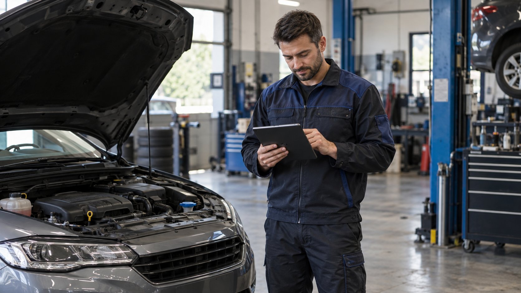 Profesional de un taller automotriz utilizando una tablet junto a un vehículo